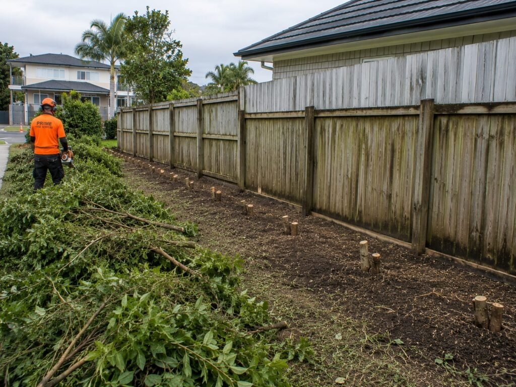 Arborist removing an overgrown boundary hedge beside a fence in Tauranga, with cut stumps and branches cleared